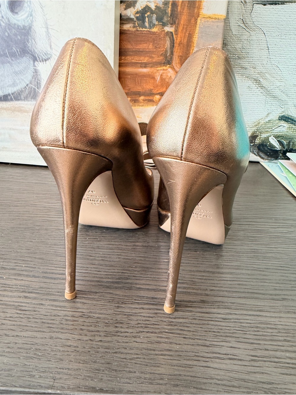 Valentino Metallic Bronze Bow Peep-Toe Platform Heels - Picture 3 of 3